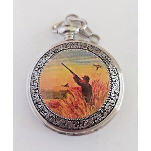 Acuet Japan Quartz Pocket Watch "Bird Hunter" engraved casing - working new batt